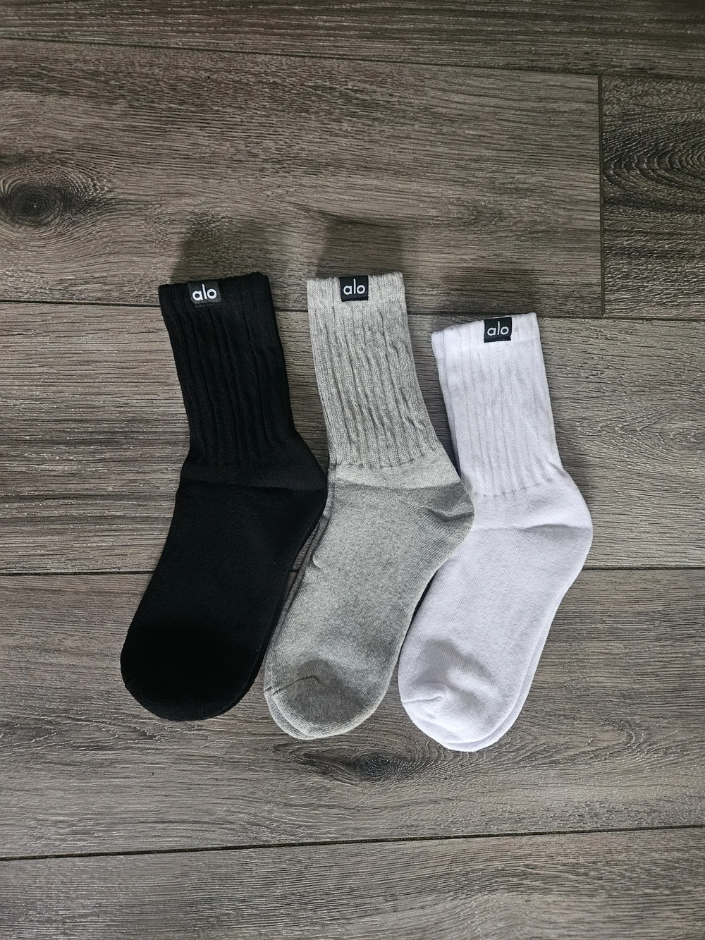 ALO Yoga Women’s Ribbed Crew Socks - Black, Gray & White (3-Pack)